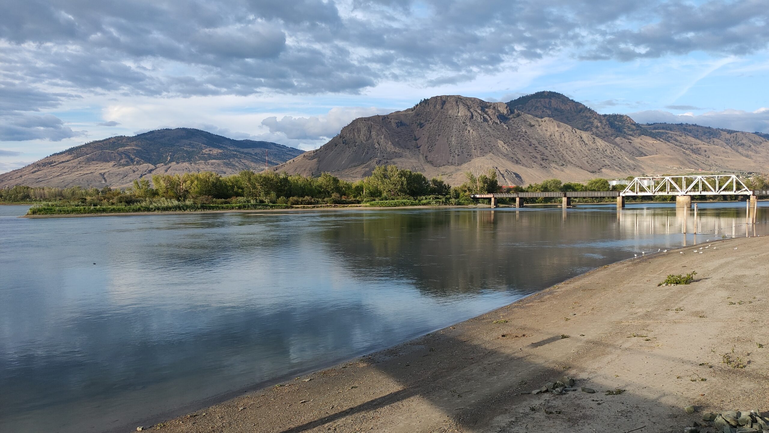 The South Thompson River at Kamloops looking upstream on an overcast day. Wide flat grey-green water fills most of the frame. Rolling hills and sparse trees line both banks. A single small green navigation buoy floats in the centre of the river.