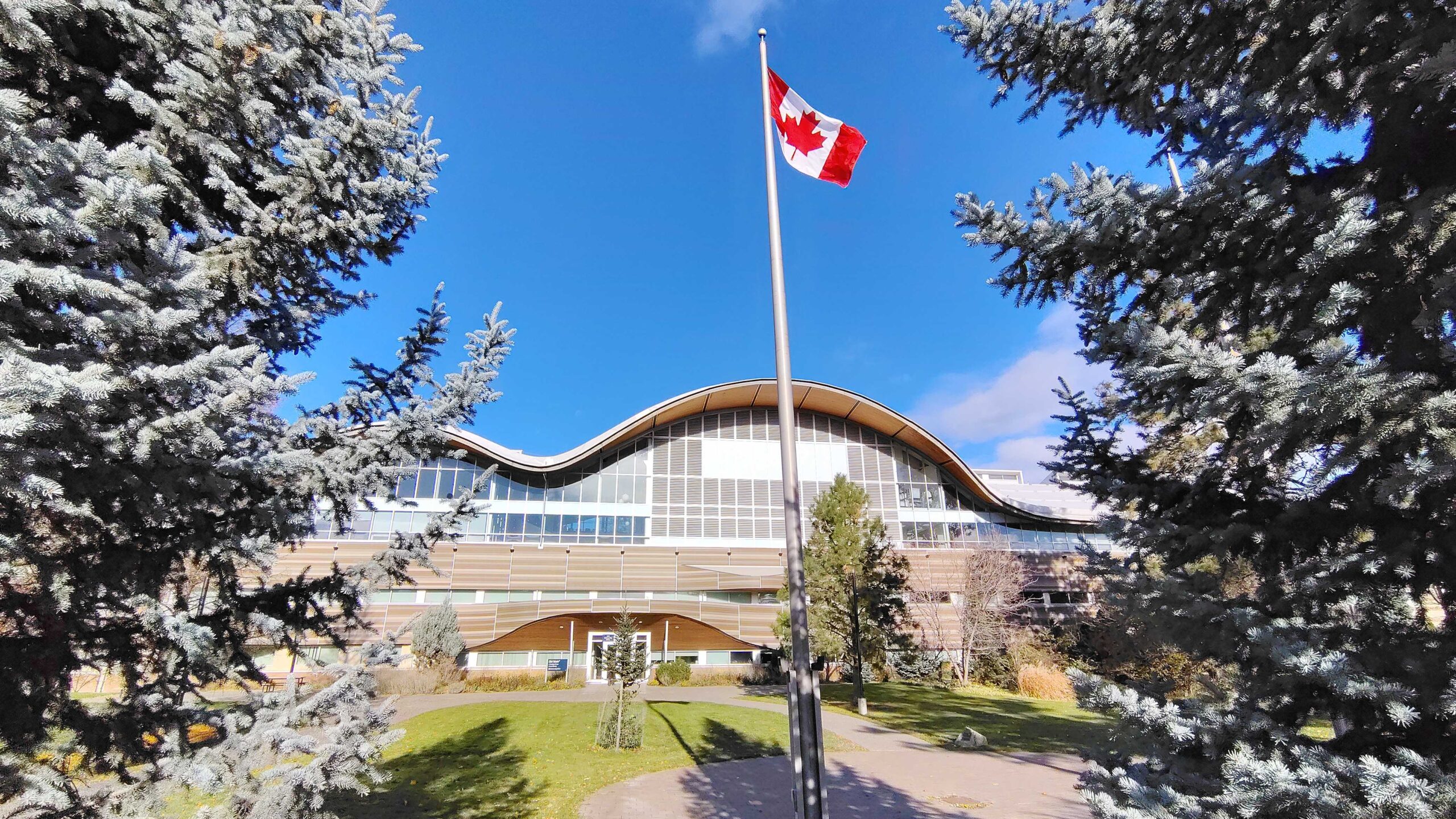 The Canadian flag flies in front of Thompson Rivers University, framed by frost-covered spruce trees.